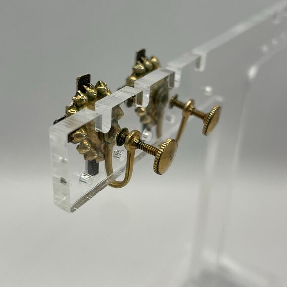 Vintage Gilloche Painted Floral Rose Screw Back Earrings Cross Rhinestones - Picture 2 of 6